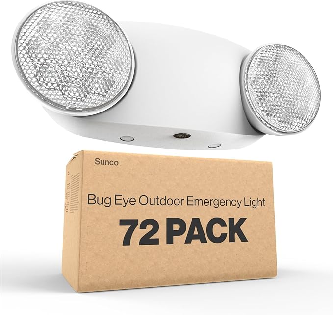 Sunco 72 Pack Emergency Light Outdoor LED, Backup Battery, Two Adjustable Bug Eye Head Lights, 94V-0 Fire Resistant, 6500K, 200 Lumens 120-277V, 2W, Wall Mount, White UL