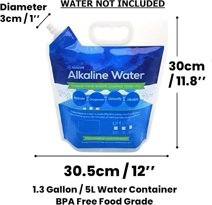 Foldable Water Carry Bags 1.3 Gallon / 5L | Pour Your Alkaline Water into AlkaFRESH +PH | Food Grade BPA Free No-Leak Plastic Container Collapsible Bag | Emergency Storage Jug, Freezable (10 PAK)