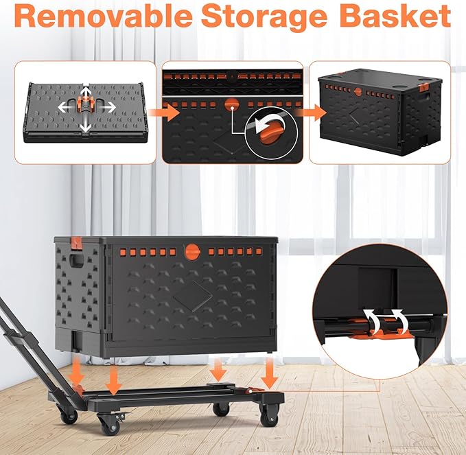 2 in 1 Folding Hand Truck Dolly Cart with Basket Collapsible Portable Hand Truck 330LBS Capacity, Telescoping Handle, Moving Dolly Cart Lightweight & Compact for Easy Transport & Storage, Black