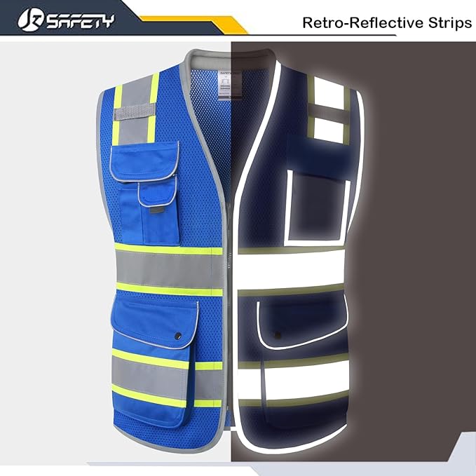 JKSafety 9 Pockets Hi-Vis Safety Vest Breathable Mesh Fabric Cushioned Collar Work Utility PPE Lightweight Industrial Work Gear ANSI/ISEA compliant (101-Blue XXL)