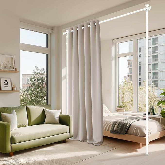 Room Divider No Drill Curtain Rod (H)43-120×(W)35-100 inch, Adjustable Heavy Duty Tension Pole 45 LBS Load, Freestanding Partition Wall for Apartment/Dorm/Office, Curtains Not Included- White, 1 Pack