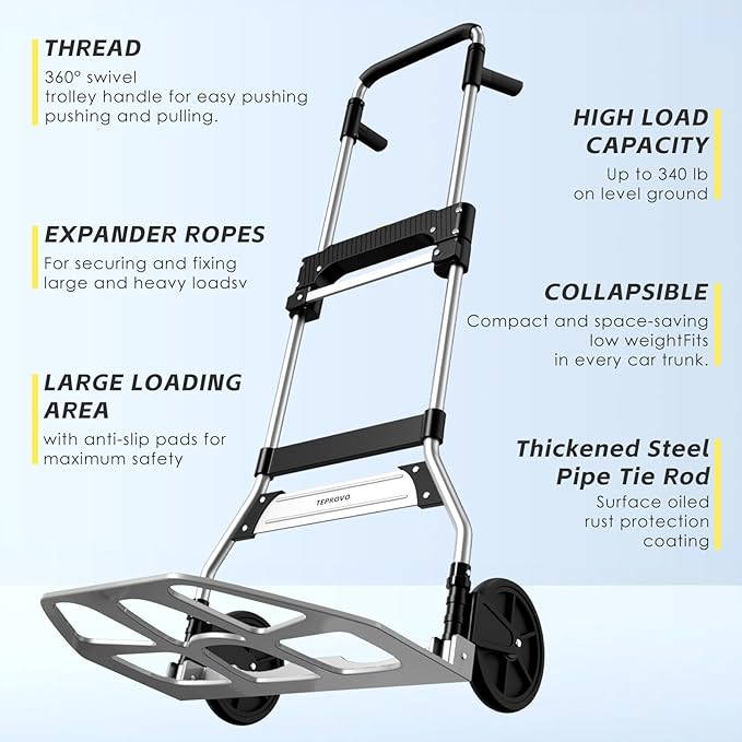 Folding Hand Truck Dolly Cart,340LB Capacity Portable Aluminum Dolly Cart with Telescoping Handle and 7 Inch Rubber Wheels for Moving,Shopping,Travel,Office Use