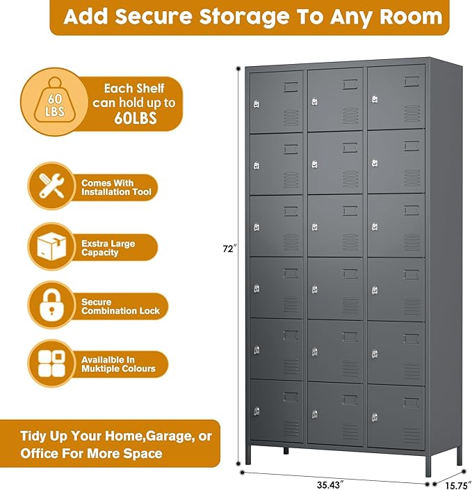 Metal Lockers for Employees, Locker Storage Cabinet with 18 Doors for Office Gym School Bedroom, Assembly Required, Dark Grey,18 Doors
