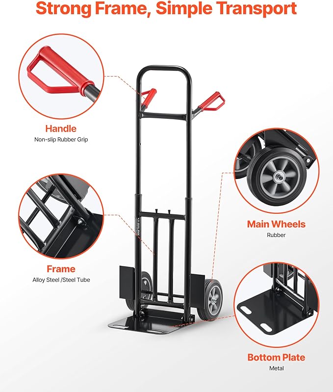 VEVOR Steel Pneumatic Hand Truck Dolly, Convertible Heavy-Duty Moving Dolly Cart with Handle, 600 LBS Portable Trolley Dolly with Tie-Down Strap for Moving Home, Office, Warehouse, Supermarket