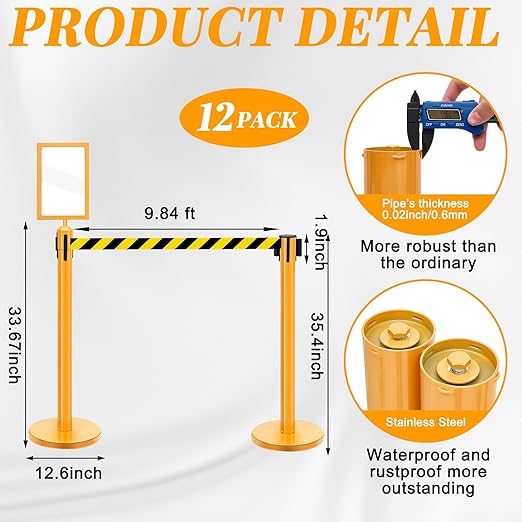 Therwen 12 Pack Heavy Duty Crowd Control Stanchions 9.8 ft Stainless Steel Stanchion Set with Safety Barrier Post Retractable Belt and Sign Holder Crowd Control Barrier(Stripe Belt, Yellow)