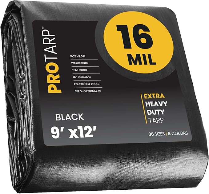 PROTARP Extra Heavy Duty 16 Mil Tarp Cover, Waterproof, UV Resistant, Rip and Tear Proof, Poly Tarpaulin with Reinforced Edges for Roof, Camping, Patio, Pool, Boat. (Black 9′ X 12′)