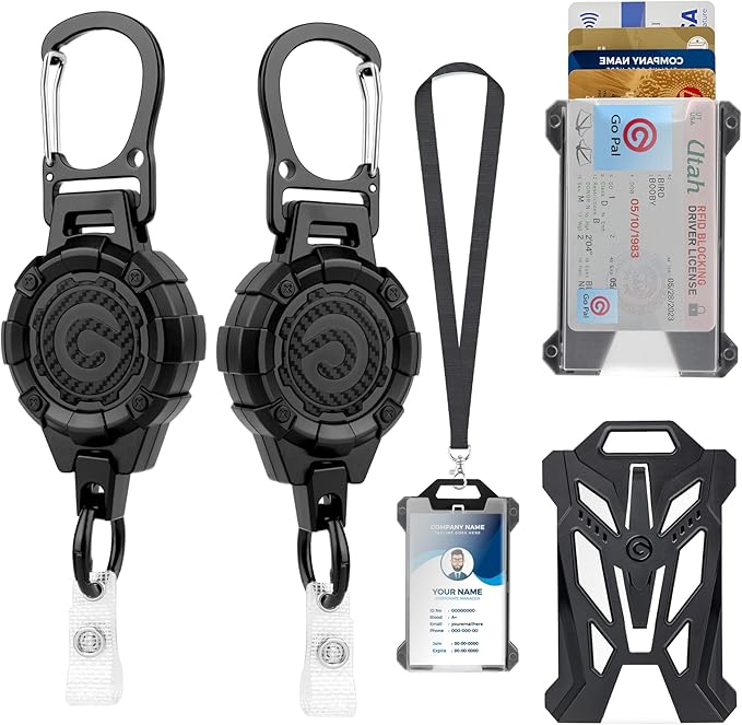 Badge Holder Retractable Clip - Heavy Duty Carabiner Badge Reel Keychain with 39" Steel Cord, ID Badge Holders with Lanyard for Office, Work, School, Construction, Recreation, 2 Pack