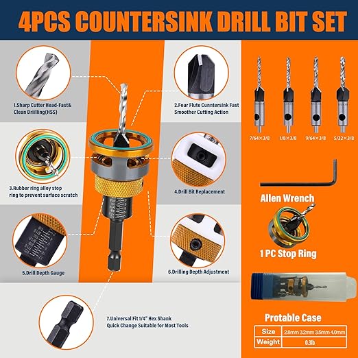 Countersink Drill Bit Set with Depth Stop 4PCS, HCS Four Blades Countersink Bits with Adjustable Depth Stop and L Shape Wrench, Wood Countersink Bit Set for Wood, Plastic, Woodworking