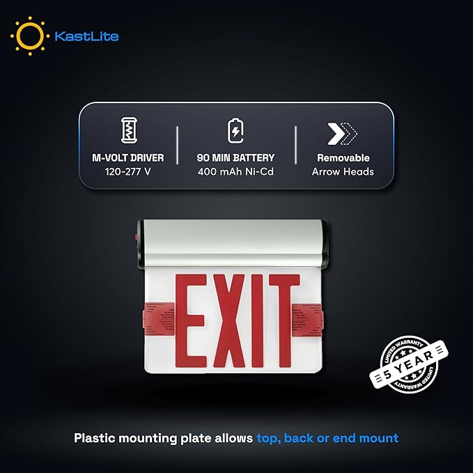 KastLite LED Emergency Edge-Lit Exit Sign, 90 Min Backup, Damp Rated, Red Letters with Arrows, UL Listed, 120/277VAC, Acrylic Panel - 2 Pack