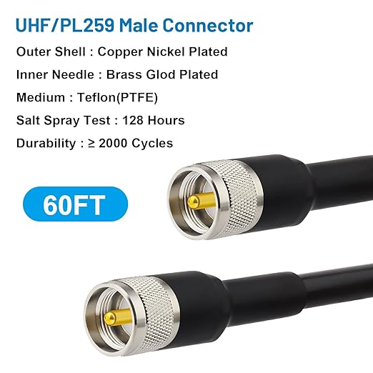 UHF CB Coax Cable, 60FT KMR400 PL259 Coaxial Cable UHF Male to Male Coax Cable Low Loss UHF Cable for CB Radio,HAM Radio, VHF Radio, SWR Meter, Antenna Analyzer