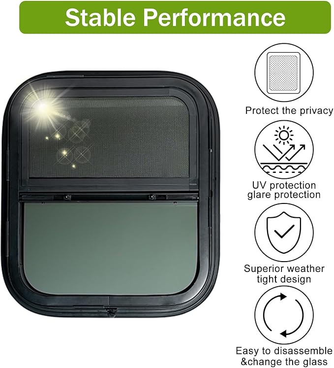 14"x16" RV Window - Vertical Sliding Teardrop Style, DOT-Certified Tempered Glass & Trim Set, Aluminum Alloy Frame w/Mesh Screen
