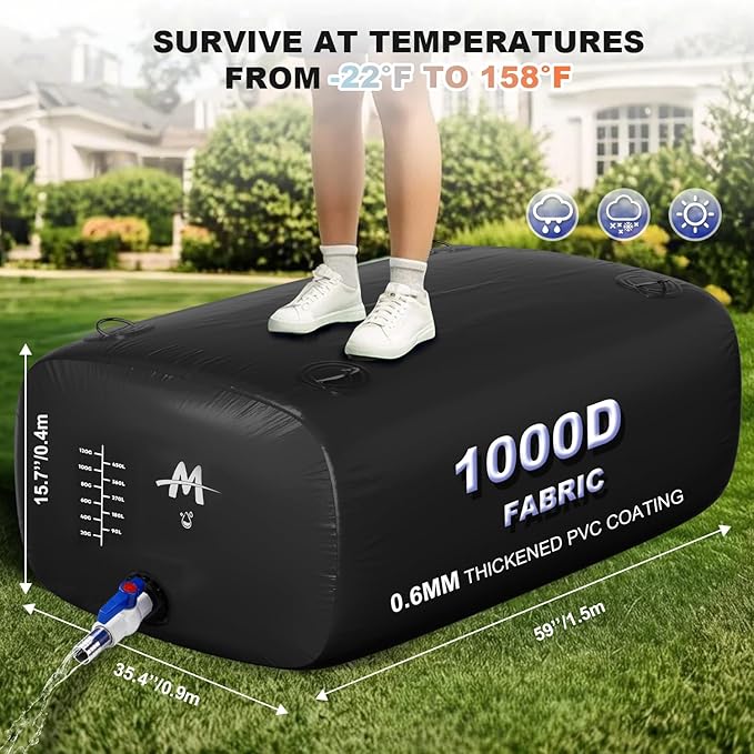 Moongiantgo 142G/540L Foldable Water Storage Bladder-1000D PVC Portable Emergency Water Storage Container with Valve & Overflow Kit-Soft Water Storage Bag for Emergency Water, RV, Camping, Irrigation