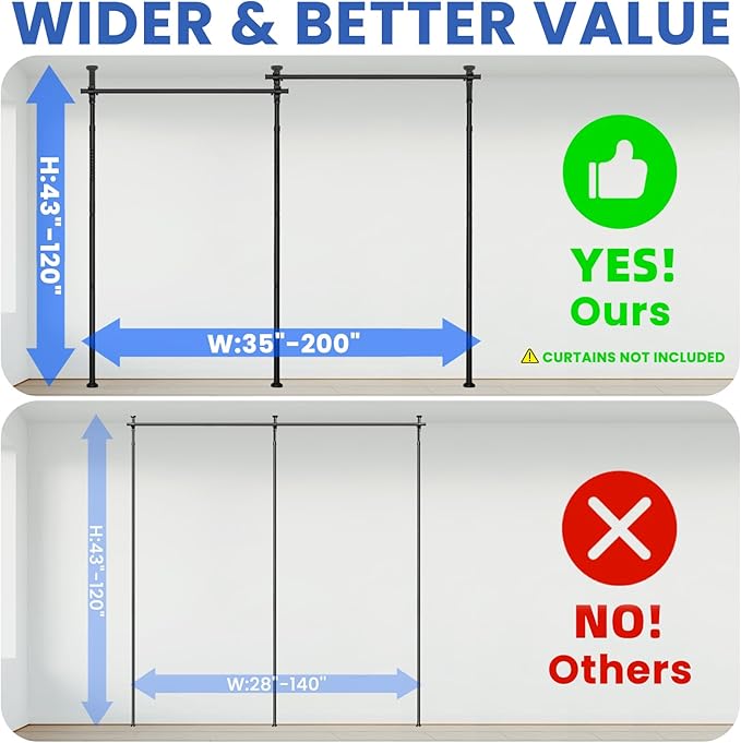 Room Divider No Drilling Tension Curtain Rod Wall Divider for Room Separation (H) 43-120×(W) 35-200 inch Adjustable, Heavy Duty Partition Space Separator Freestanding Tension Curtain Stand, Black