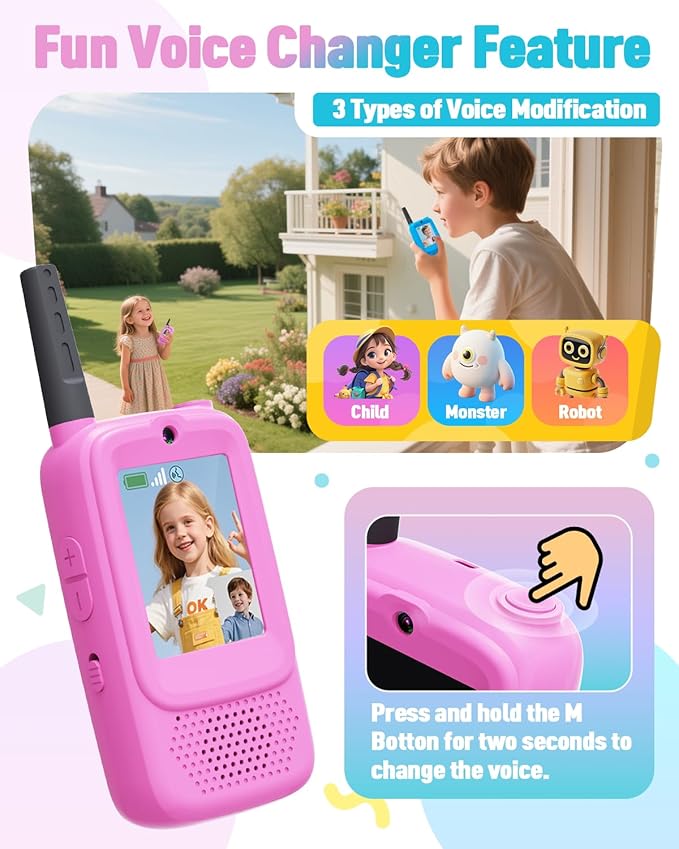 Video Walkie Talkies for Kids, 2-Pack Rechargeable Kids Walkie Talkies with HD Camera, Voice Changer & Long Range, Indoor Outdoor Toys for Hiking,Camping,Christmas Birthday Gifts for 3-12 Boys Girls