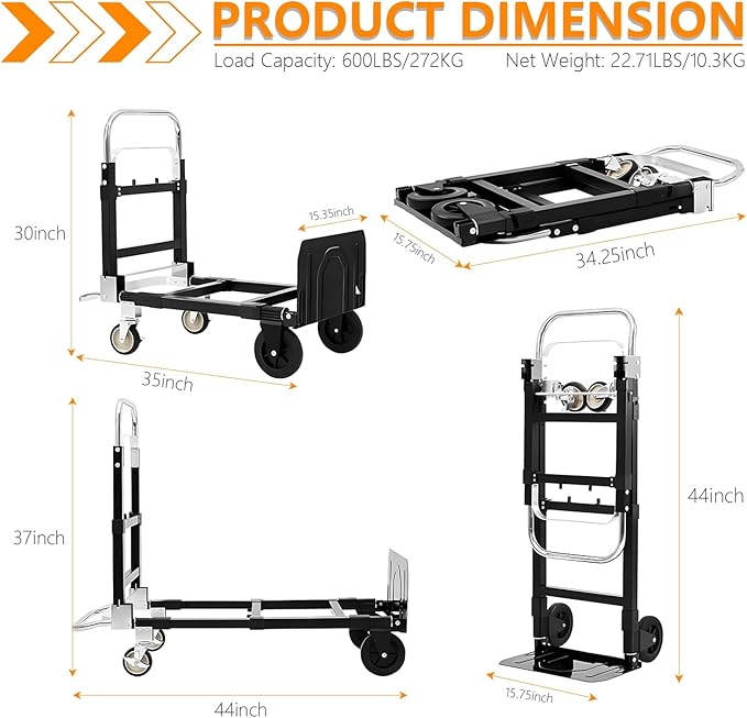 SST Upgraded Folding Hand Truck Dolly Cart, 660 LB Heavy Duty Luggage Cart, 3 in 1 Folding Hand Cart with Wheels and Bungee Cords for Moving Travel Shopping Airport Office