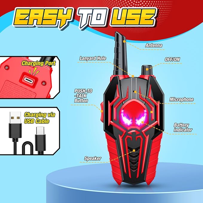 Rechargeable Walkie Talkies for Kids : Toys Gifts for 3 4 5 6 7 8 9 Year Old Boys Girls Ages 5-7 Kids Walkie Talkies 2 Pack Outdoor 2 Way Radio Toy for 3-12 Year Old Boy Birthday Gift Age 3-6