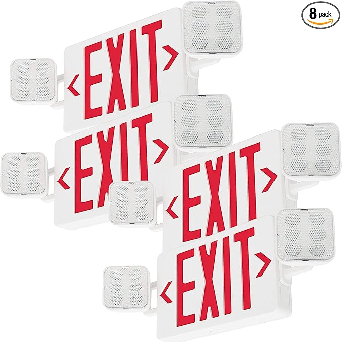 LED Exit Signs with Emergency Lights, Red LED Two Adjustable Head Emergency Exit Light with Backup Battery, AC 120V/277V, ABS Fire Resistant, UL Listed (4Pack)