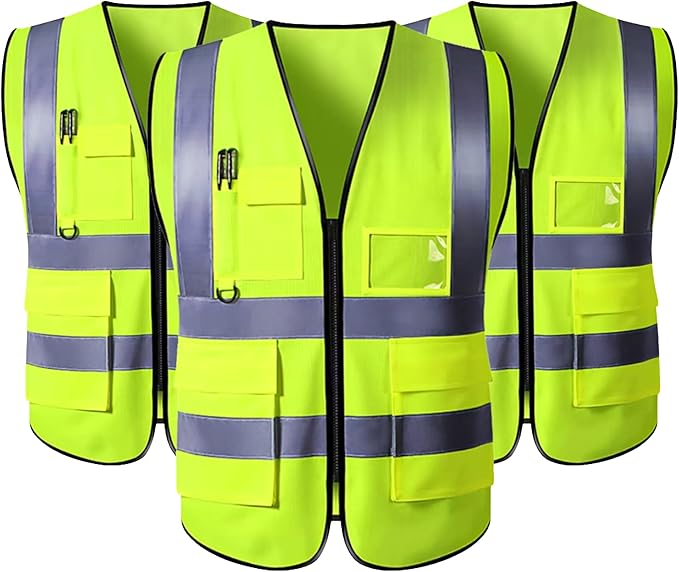 DME&SMS 3-Pack High Visibility Safety Vests, Reflective Strips, Zipper Front, Mesh Hi Vis Vest (Fluorescent Green)