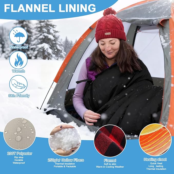 Heated Sleeping Bag for Adults, Electric Warm Bag with 3 Adjustable Heating Levels, USB Powered Heating Pads Adjustable Hood, 0 Degree Sleeping Bag Keep Warm for Cold Weather Camping Outdoor Hiking