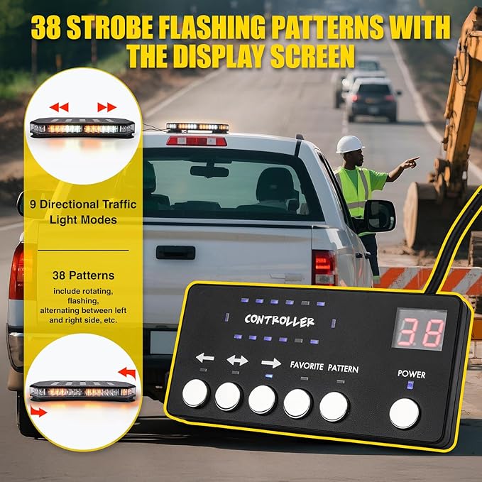 LUMENIX 42 LED Roof Top Strobe Beacon Light Bar Hazard Warning Emergency Flashing Plow Lights with Controller for Construction Vehicles Tow Trucks Postal Cars Snowplow Amber White (Patent Design)