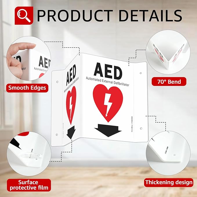 GicnKeuz AED Sign for Wall, 8" x 6" AED Signs with Symbol, Two-Sided Acrylic V-Signs for Business or Office or Home or Wall Décor, Including Screws, Easy to Install (2 Pack)