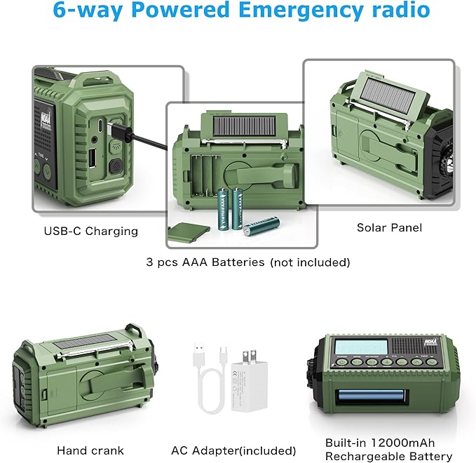 NOAA Weather Radio 12000mAh - Emergency Radio Hand Crank Solar Battery Operated Portable AM/FM Shortwave Radio with USB-C Charger, Flashlight, SOS Alert for Home Outdoor Hurricane Survival