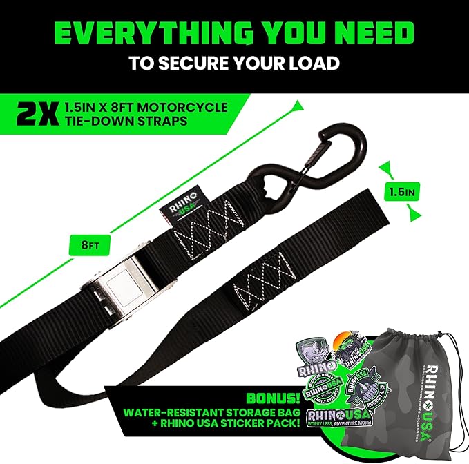 Rhino USA Motorcycle Tie Down Straps (2 Pack) Lab Inspected 2,200lb Break Strength, Steel Cambuckle Tiedown Set with Integrated Soft Loops - Better Than a Ratchet Strap (Black 2-Pack)