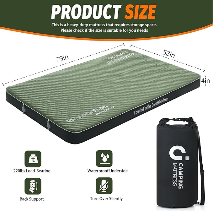 CYMULA 4-inch Self-inflating Camping Pad, 79"x 52"x 4" Ultra-Thick Double Sized Sleeping Mattress, Inflatable Foam Pads for Camp with Air Pump Sack, Suitable for Adults, Backpacking Travel, Army Green