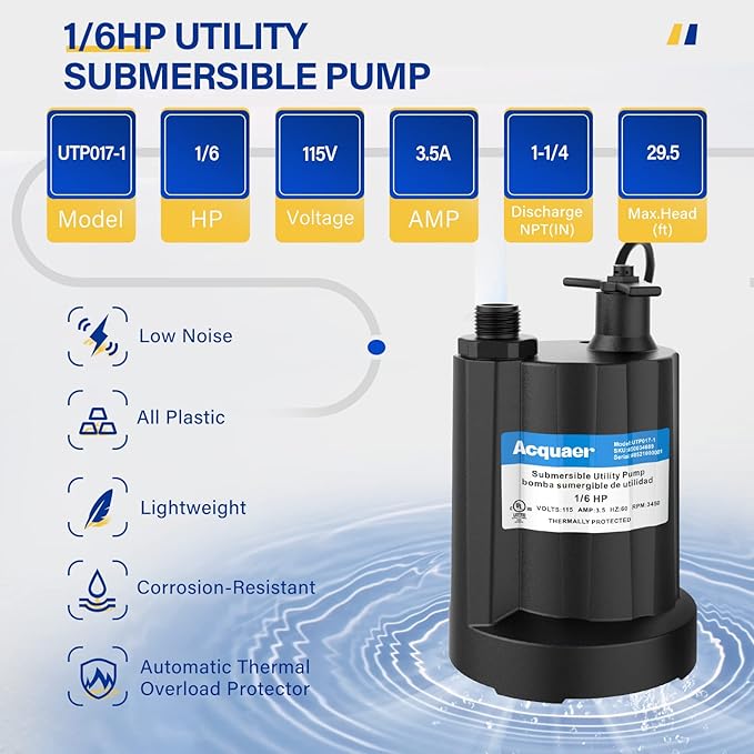 Acquaer Submersible Water Pump 1/6 HP Sump Pump Thermoplastic Utility Pump Small Electric Water Pump 1750GPH Water Remove for Basement Hot Tubs Garden Pool Cover Draining with 10 ft Cord