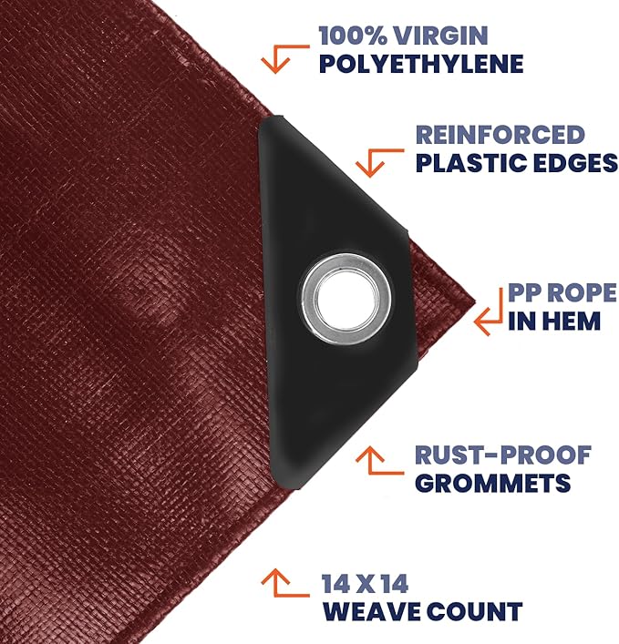 Tarpco Safety Extra Heavy Duty 14 Mil Tarp Cover, Waterproof, UV Resistant, Rip and Tear Proof, Poly Tarpaulin with Reinforced Edges for Roof, Camping, Patio, Pool, Boat (Maroon/Black 40′ X 50′)