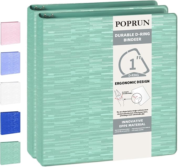 POPRUN 3 D Ring Binder 1 Inch, PVC-Free, Holds 225 Sheets of 8.5 x 11 Paper, Extra Durable Organizer with 2 Pockets for School & Office, Heavy-Duty, 2 Pack, Midnight Green