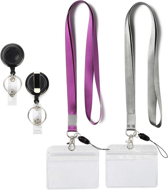 YOUOWO 2 Pack Lanyard with ID Badge Holders Horizontal and Retractable Badge Reel,Purple Grey Office Neck Lanyards with id Card Holder Punched Zipper Waterproof Resealable