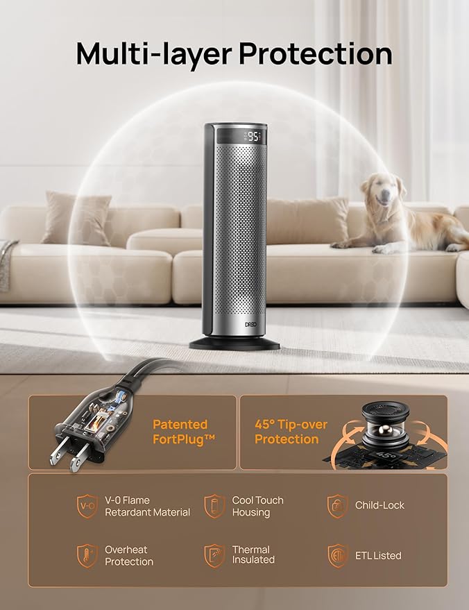 Dreo Space Heater for Large Room, 20 Inch Electric Heaters for Indoor Use, 8 Safe Protection Tower with Dreo FortPlug, 70° Oscillation, PTC Ceramic with Remote, Quiet, 12H Timer, Bedroom, Office