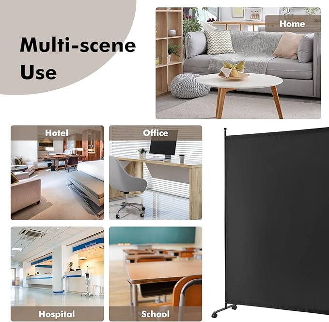 Giantex Room Divider Large Single Panel, 73''W x 73''H Privacy Screen with Lockable Wheels, Rolling Room Divider Panel for Home Office Studio, Partition Fabric Wall Divider for Room Separation, Black