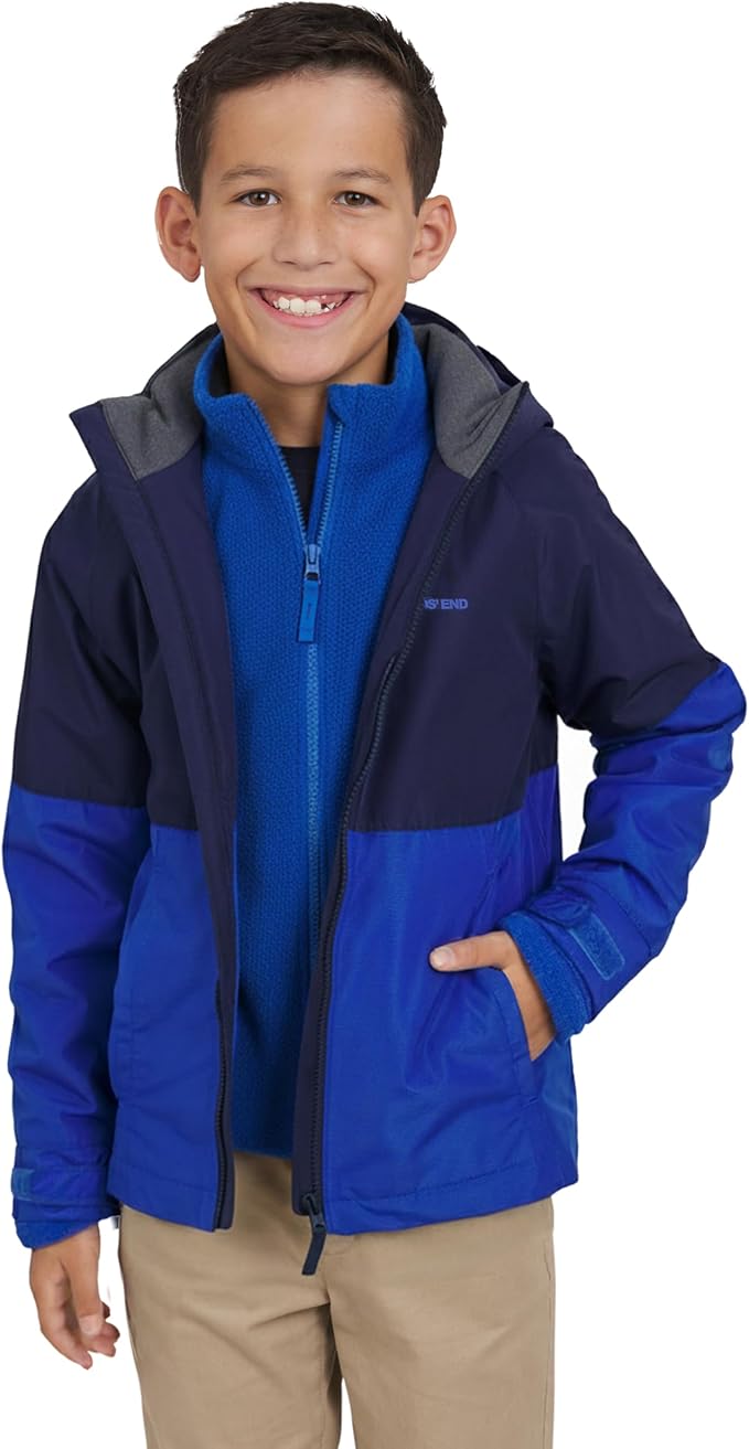 Lands' End Unisex Kids 3-in-1 Water Resistant Windbreaker and Zip-out Polar Fleece Jacket