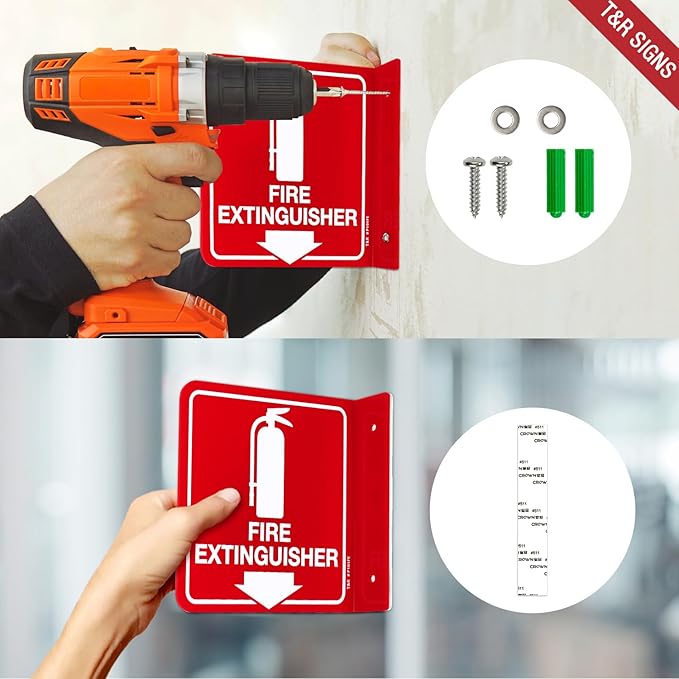 T&R Fire Extinguisher Sign, Fire Extinguisher with Down Arrow - 2 Pack - 6 x 6 Inches Acrylic, 2 pre-drilled holes, Includes Matching Screws, Use for Home Office/Business
