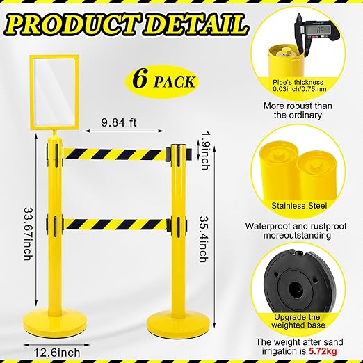 Therwen 6 Pcs Double Retractable Belt Barrier with Stanchion Dual Retractable Safety Belt Heavy Duty Crowd Control Stanchions Stainless Steel Post Holder Safety Barrier Stand (9.8 ft,Yellow and Black)