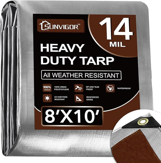 Sunvigor Tarp Waterproof 8x10Ft, Heavy Duty Tarp Cover Extra Thick 14 Mil Tear and UV Resistant, Outdoor Tarps with Grommets and Reinforced Edges for Roof, Camping, Patio, Pool, Boat