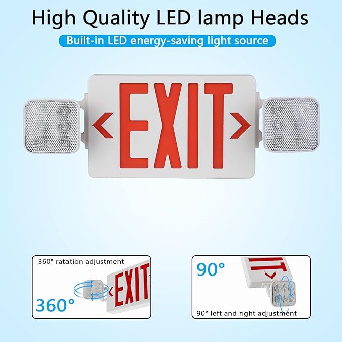 LED Exit Signs with Emergency Lights, Red LED Two Adjustable Head Emergency Exit Light with Backup Battery, AC 120V/277V, ABS Fire Resistant, UL Listed (4Pack)
