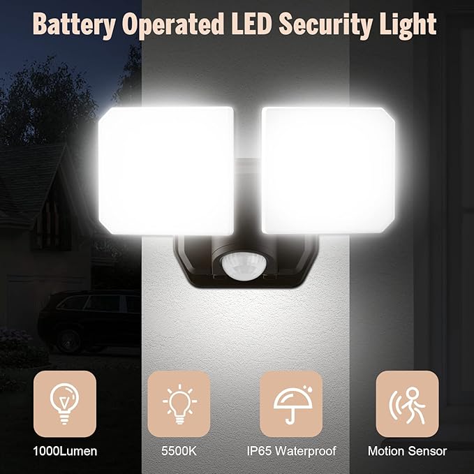 Battery Powered Flood Light Outdoor,5000K, 2 Modes High Brightness 1000LM Motion Sensor Security Light,6-Month Battery Life,49FT Sensing Distance,wireless security lights,Outdoor or Indoors Used