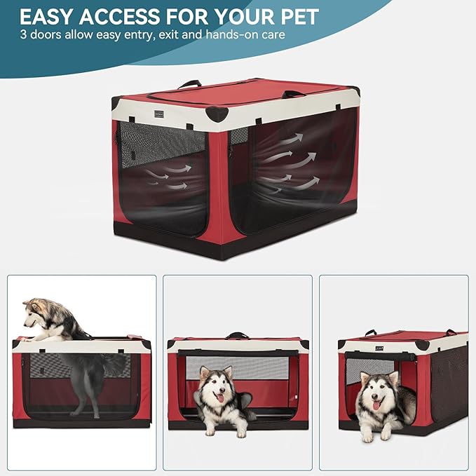 PETSFIT Collapsible Dog Crate, with Patented Adjustable Fabric Cover, Chewproof & Lockable Mesh Doors, Waterproof Base Portable Kennel Red 40 Inch