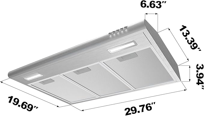 Under Cabinet Range Hood 30 inch Vent Hood for Kitchen with 3 Speed Exhaust Fan, Ducted and Ductless Convertible, Stainless Steel