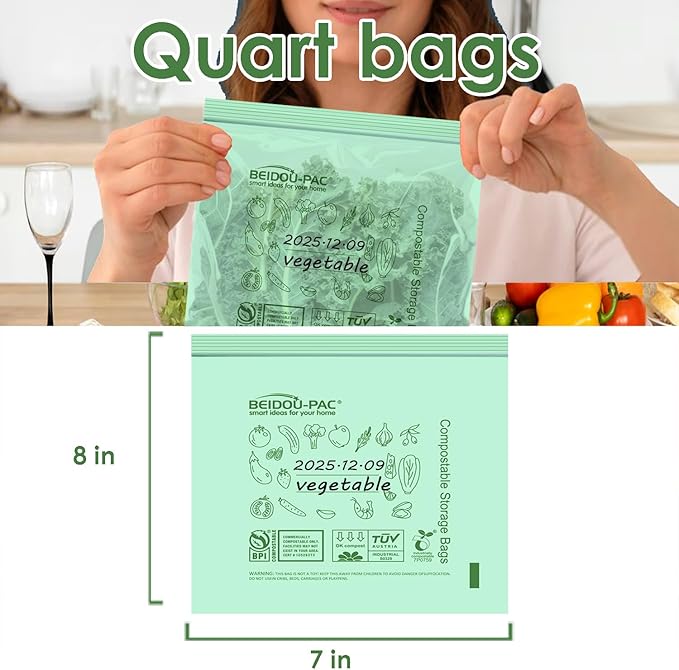 Compostable Quart Food Storage Freezer Bags, 60 Count | 2 Mil | 8 IN x 7 IN, Freshness Easy Open Biodegradable Eco-Friendly Reclosable Compost Zipper Bags
