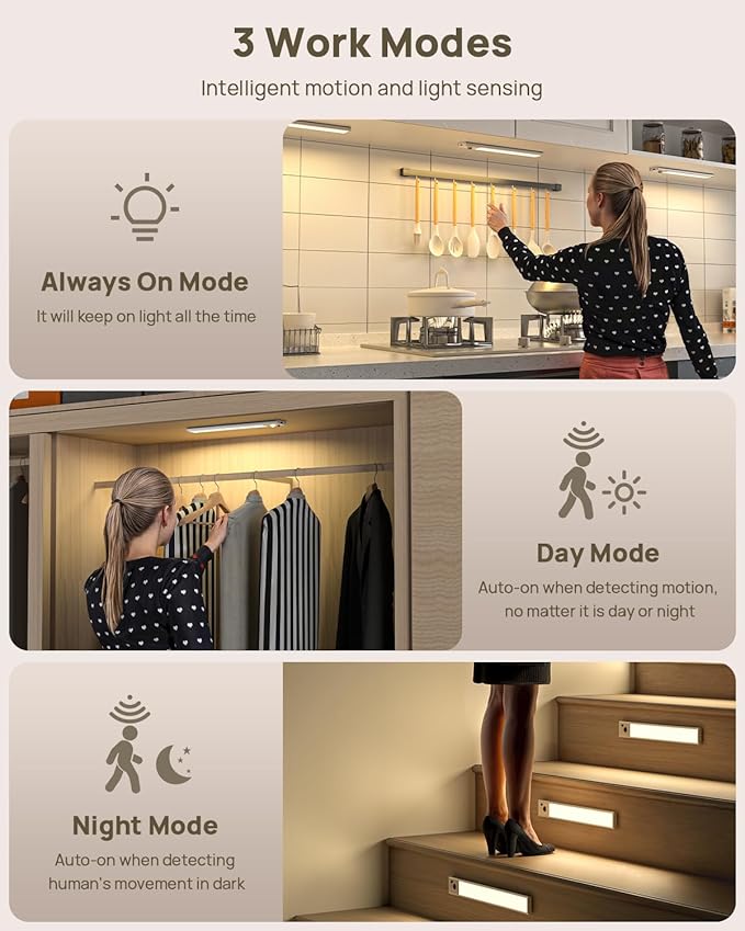 Under Cabinet Lights with Remote Control, USB Rechargeable LED Motion Sensor Light Indoor, Magnetic Wireless Under Counter Lights, 3 Color Dimmable Closet Lights for Kitchen,Cabinet,Bedroom, 8 Pack