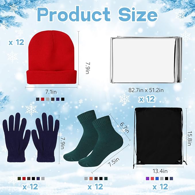 60 Pcs Homeless Care Package Supplies Winter Beanie Gloves Sock Drawstring Bags Emergency Blankets for Men Women