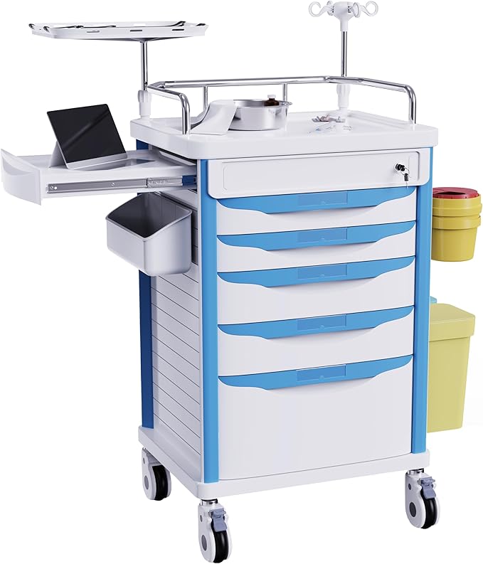 Medical Rolling Storage Crash Cart with Wheels - Adjustable IV Pole, Silent Casters, Needle Disposal Holder, Trash Bin, O2 Holder - Nursing Emergency Cart for Clinic, Hospital, Salon, Lab