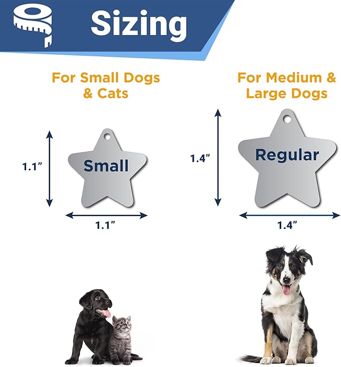 GoTags Stainless Steel Pet ID Tags, Personalized Dog Tags and Cat Tags, up to 8 Lines of Custom Text, Engraved on Both Sides, in Bone, Round, Heart, Bowtie and More (Star, Regular (Pack of 1))