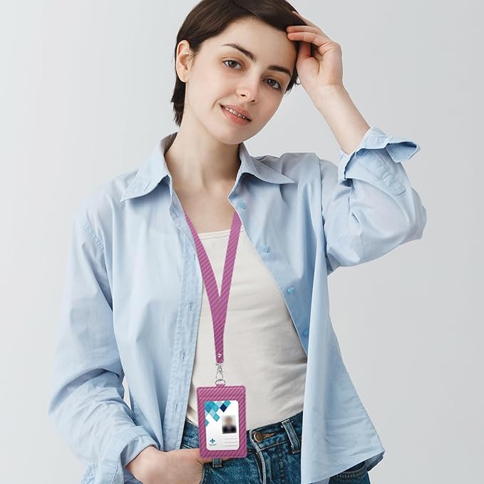 Carbon Fiber Work ID Card Holder with Lanyard is a Stylish and Durable Card Holder with Dual Card Capacity, Clear Display Window and Privacy Back Pocket (Pink)