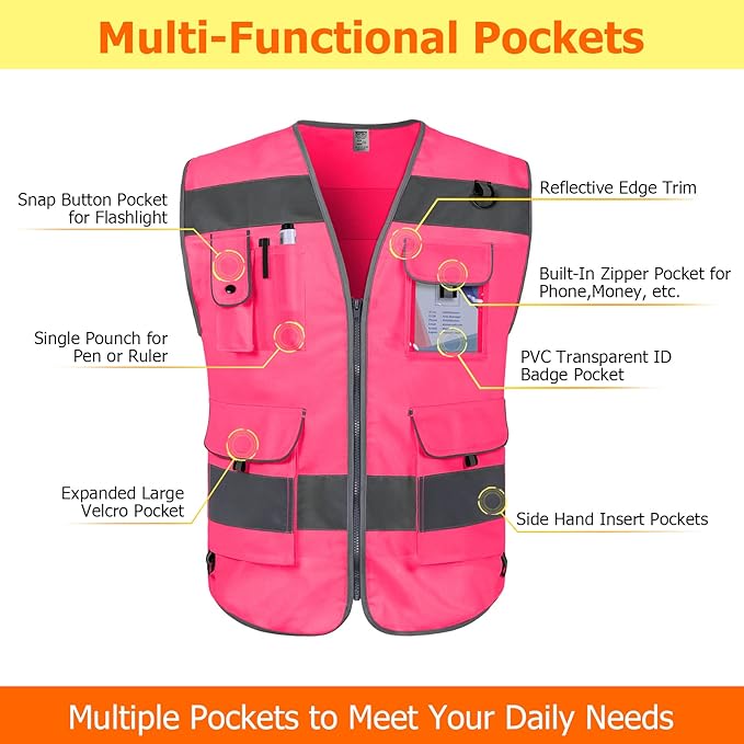 TCCFCCT Reflective Safety Vest 9 Pockets High Visibility Vest for Men Women, Hi Vis Reflective Work Vest for Safety, Meets ANSI/ISEA Standards, (Pink, XX-Large)