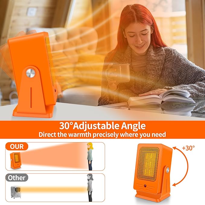 Portable Space Heaters for Indoor Use,Desktop Heater with 900W PTC 2s Fast Heating, 30° Adjustable Angle Design Small Electric Heater Lightweight for Personal, Office,Room,Orange